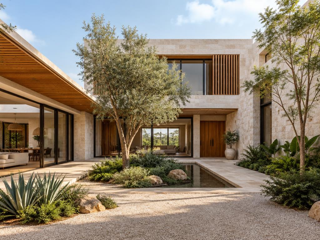 Casa contemporánea con patio, vegetación y materiales pétreos para valuación habitacional