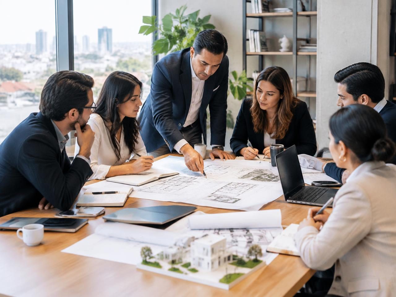 Equipo inmobiliario trabajando en un taller con planos
