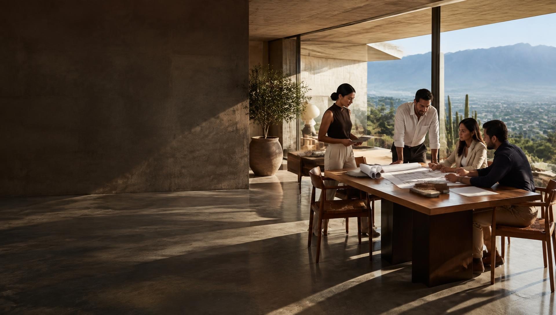 Equipo inmobiliario reunido con planos en un espacio de arquitectura contemporánea