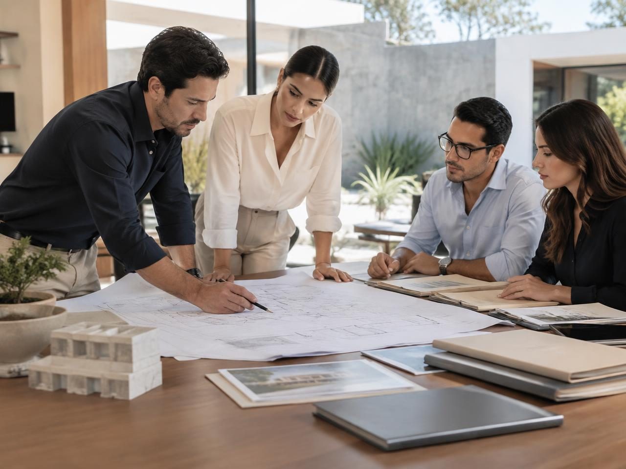 Profesionales coordinando una operación inmobiliaria sobre planos