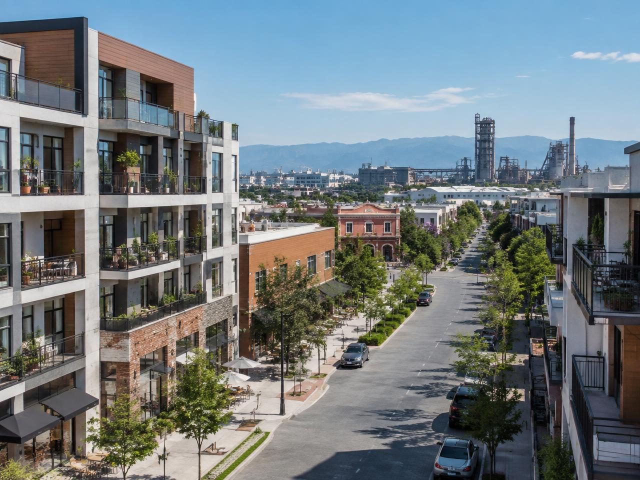 Arquitectura habitacional y entorno urbano con actividad industrial